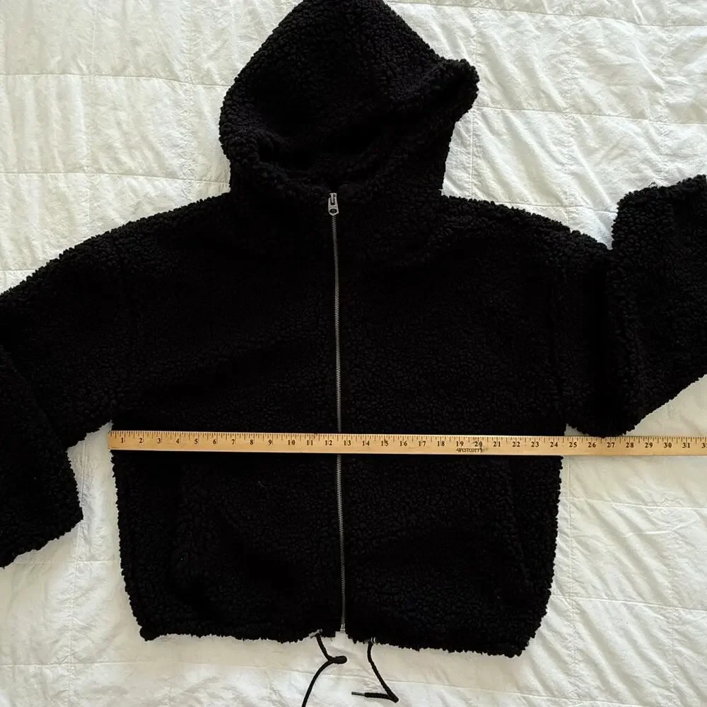Lucky Brand Black Teddy Sherpa Hooded Jacket Women’s L Oversized Full Zip Cozy - Picture 13 of 16